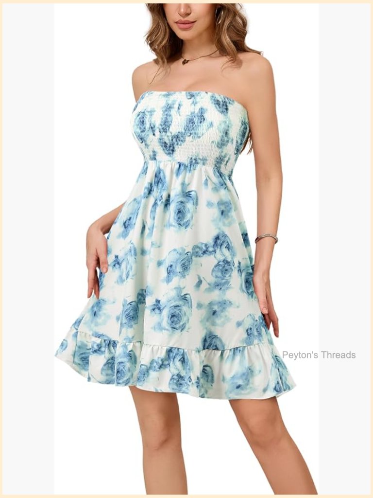 Women's Strapless Smocked Mini Dress Convertible 2-Way Wear Boho Floral Sundress